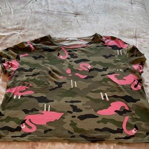 Zara Camo cropped tee shirt with pink flamingos